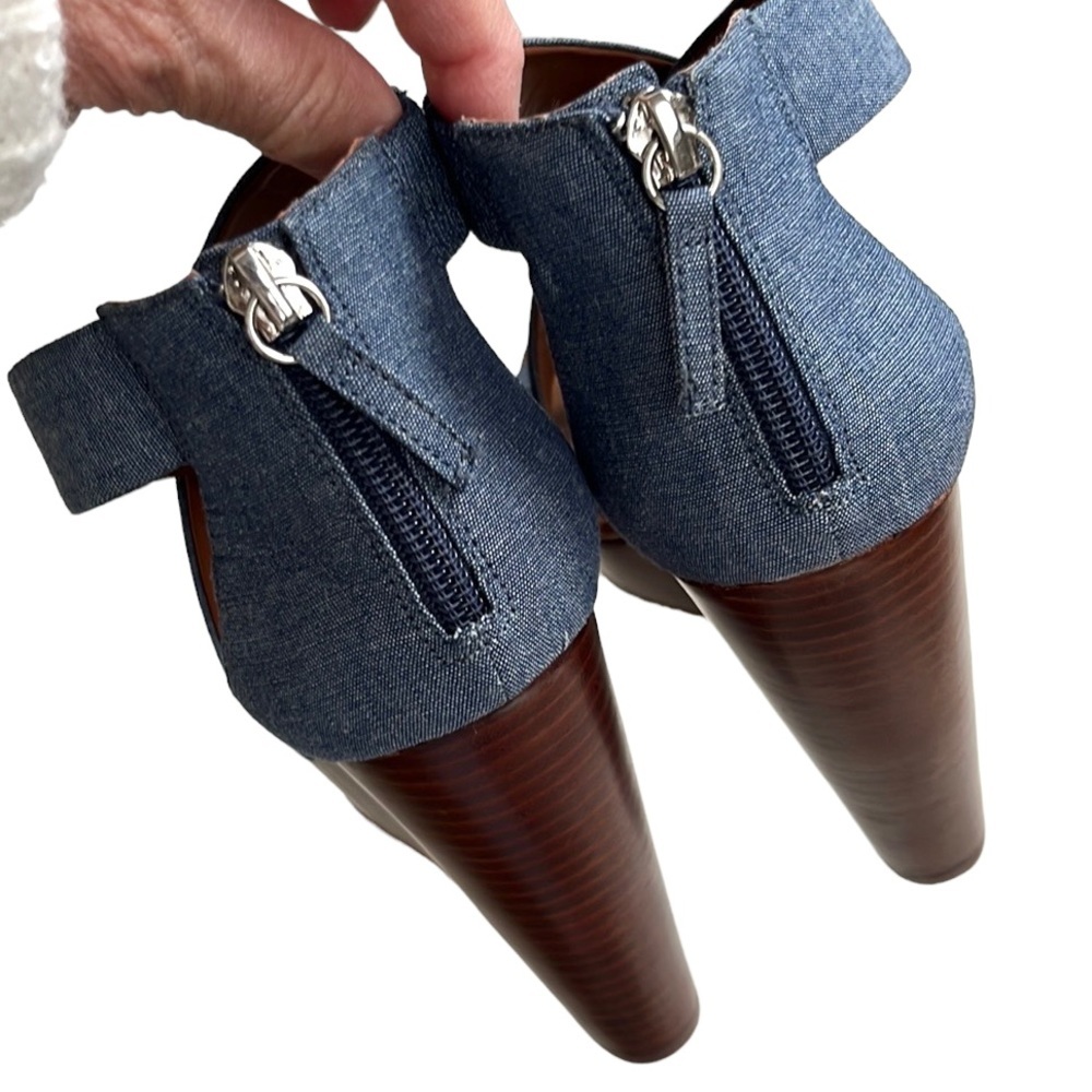 White House Black Market Blue Denim Crisscross Wedge Sandals - Picture 6 of 8